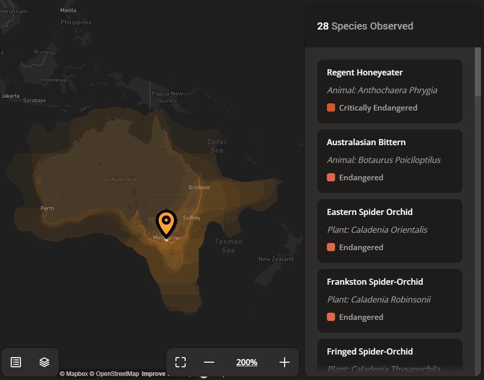 Map of Australia showing endangered species.